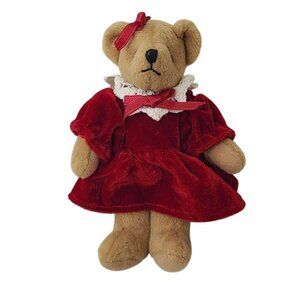 Delton Jointed Plush Bear 6" Red Velvet Dress  Lace Collar Bow